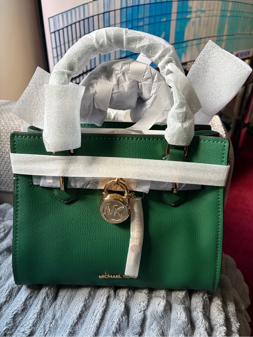 Michael Kors Emerald Green Leather Satchel with Gold Hardware